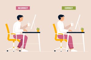 Demonstrating incorrect and correct posture at a desk
