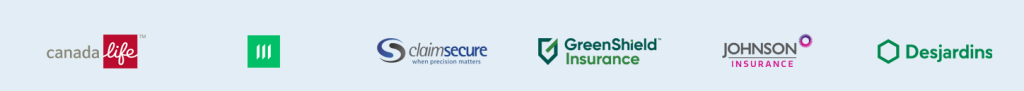 Examples of insurance benefits providers in Canada accepted by PhysioNow including Canada Life, Manulife, Claim Secure, GreenShield, Johnson, and Desjardins